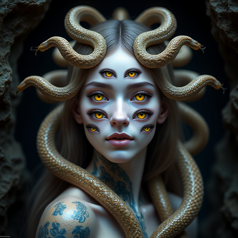 07913-2143166475-Close-up portrait of Medusa with glowing yellow eyes and snake-like tendrils that end in a hissing snake head, each with a uniqu.png